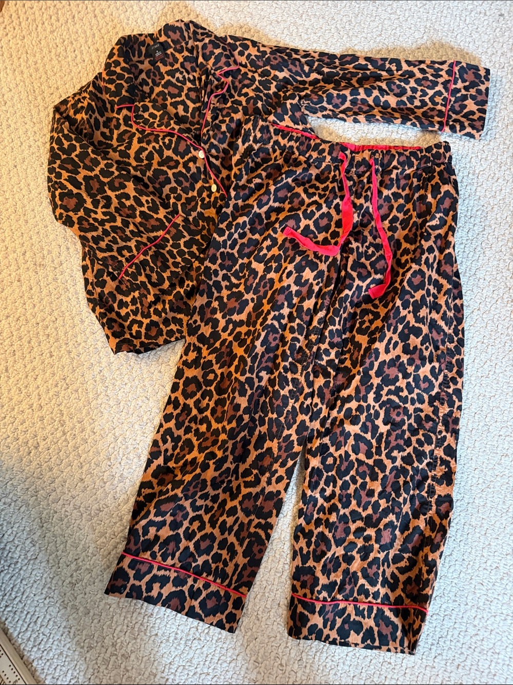 J.Crew Leopard Print Pajama Set with Red Trim